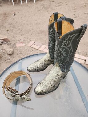 Exotic Tony Lama Python Western Boots with Matching Belt - Green & Cream